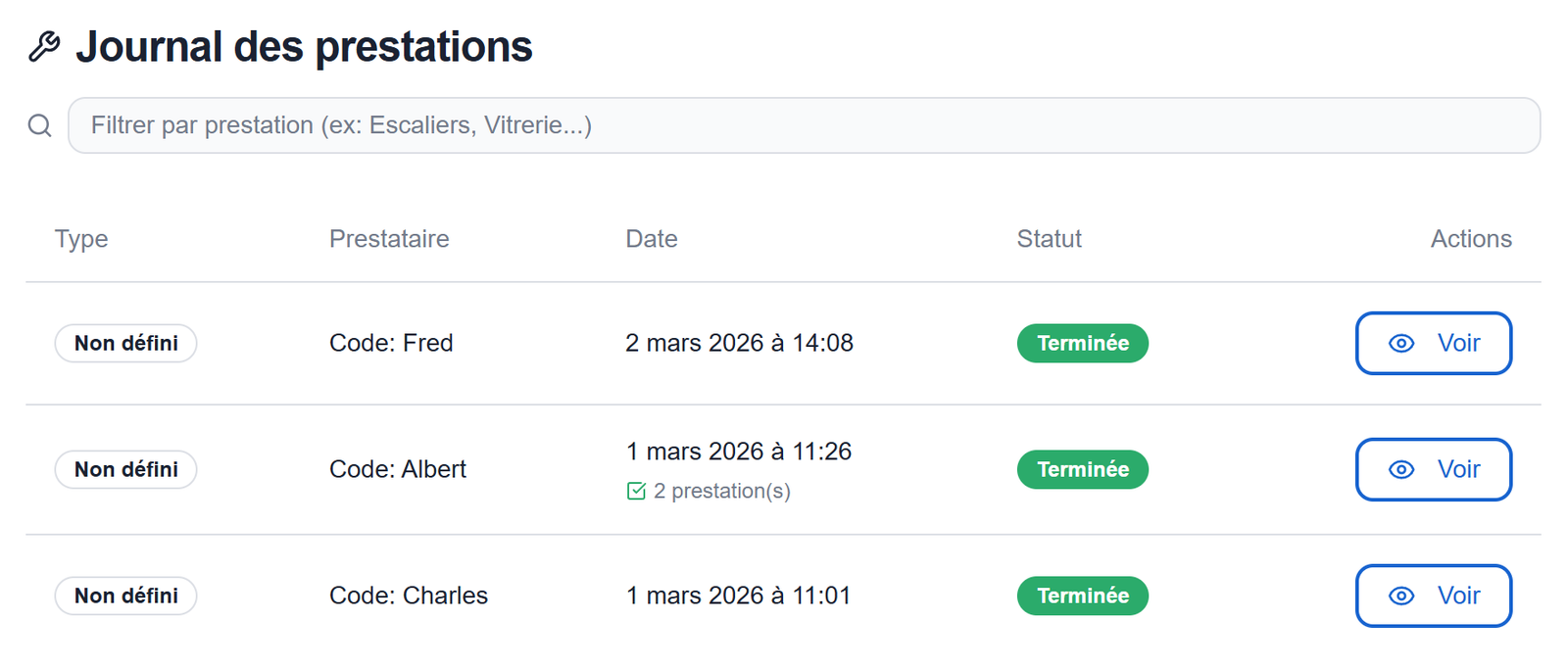 Journal des passages VeriClean : historique des prestations de nettoyage avec date et heure