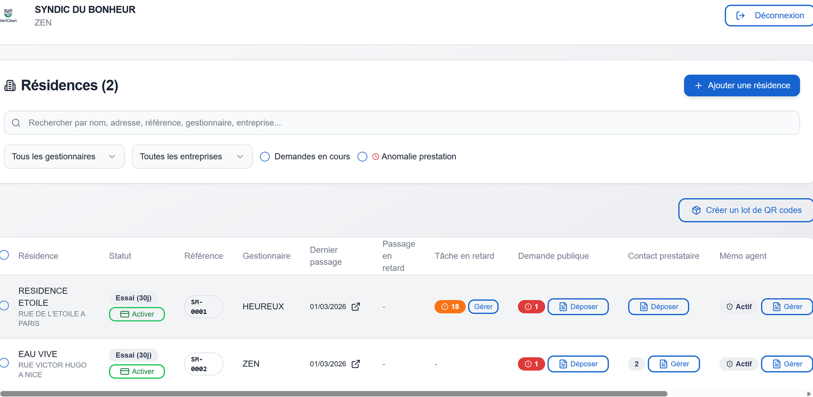 Tableau de bord VeriClean : gestion des sites et résidences de nettoyage